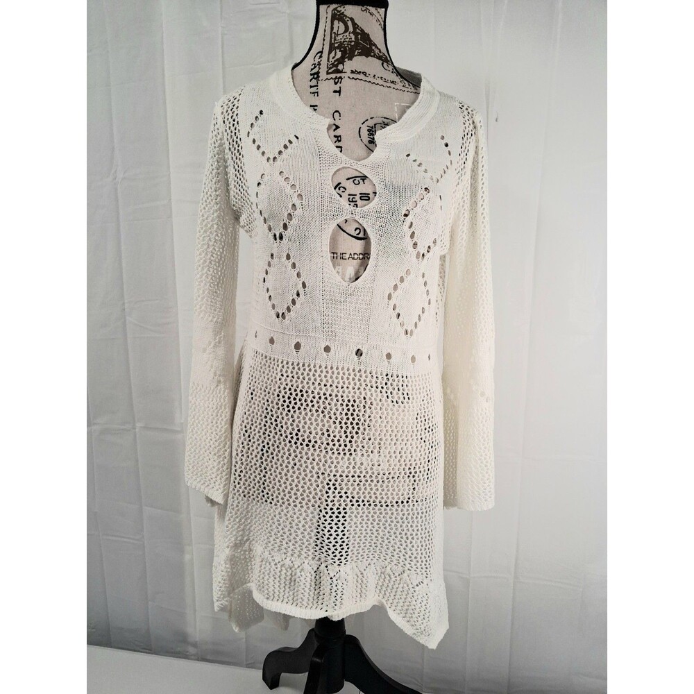 Womens White Crochet Knit Tunic Swimwear CoverUp Tunic Dress OneSize Boho Beach